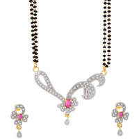 ZENEME Mangalsutra American Diamond Gold Plated Pendant Jewellery with Chain and Earrings for Women (Design-16)