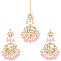 I Jewels Traditional Pink Gold Plated Pearl and Kundan Maang Tikka with Earring Set for Women (TE7058Pi)