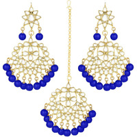I Jewels Traditional Gold Plated Pearl and Blue Kundan Maang Tikka with Earring Set for Women