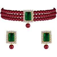 Peora Gold Plated Indian Traditional Crystal Pearl Beaded Choker Necklace Jewellery Set for Women (Maroon-Green)