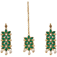 ZENEME Maang Tikka With Earrings Set Flower Shaped Gold Plated Jewellery For Women and Girls (Green)