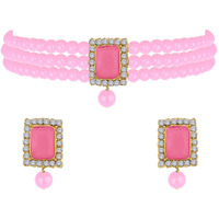 Peora Gold Plated Indian Traditional Crystal Pearl Beaded Choker Necklace Jewellery Set for Women