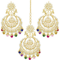 Peora Traditional Jewellery 18K Gold Plated Kundan & Pearl Maang Tikka Earring Set for Women Girls (Multicolor)