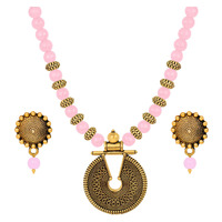 JFL - Jewellery for Less Gold Bluish Pink Beaded Necklace set Keyhole pendant design adjustable length designer set for women & girls,Valentine