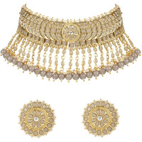 I Jewels 18K Gold Plated Traditional Kundan & Pearl Studded Choker Necklace Set For Women/Girls (K7210) (Full Grey)
