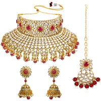 Peora Indian Ethnic Gold Plated Rani Padmavati Kundan Pearl Bridal Choker Necklace Earrings with Maang Tikka Traditional Jewellery Set for Women