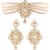 I Jewels 18K Gold Plated Traditional Kundan with Beads Choker Necklace Jewellery Set for Women/Girls (ML268W)