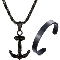 Fashion Frill Mens Jewellery Black Silver Chain For Men Anchor Stainless Steel Pendant Necklace Silver Chain For Boys Black Cuff Bracelet For Boys Men Jewellery Combo of 2 (Braclate & Chain Necklace)