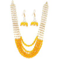 ZENEME Jewellery Set White Pearl Multi String Five Layered Rajasthani Style Vintage Necklace Set With Earrings Jewellery For Women & Girls (Yellow)