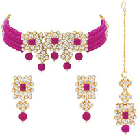 Peora Gold Plated Pearl Beaded Adjustable Choker Necklace with Earring Maang Tikka Jewellery Set (Rani Pink) For Women