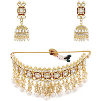 ZAVERI PEARLS Red Meenakari Kundan Choker Necklace & Jhumki Earring Set For Women-ZPFK11235