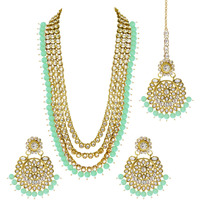 Peora Mint Gold Plated Kundan Studded Long Necklace Set with Maang Tikka & Earrings for Women Traditional Jewellery