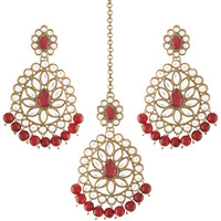 I Jewels Gold Plated with Stunning Antique Finish Traditional Kundan & Faux Pearl Big Chandbali Bridal Earrings with Maang Tikka Set for Women/Girls (TE2801M)