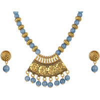 JFL - Jewellery for Less Stylish Gold Plated Antique Semi-Circle Pendant Beaded Tribal Necklace Set for Women and Girls (Bluish grey),Valentine