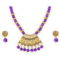 JFL - Jewellery for Less Stylish Gold Plated Antique Semi-Circle Pendant Beaded Tribal Necklace Set for Women and Girls (Purple),Valentine
