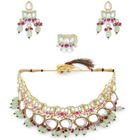 ZAVERI PEARLS Green & Pink Meenakari Lotus Kundan Necklace Earring & Ring Set For Women-ZPFK15197