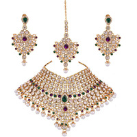 Lucky Jewellery Purple Green Semi Bridal Dulhan Dulhan Wedding & Engagement Necklace Set with Mang Tikka (1815-L1SS-KD124-PG)
