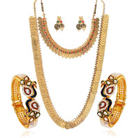 YouBella Jewellery Gold Plated Pearl Studded Wedding Bracelet Bangles Jewelry, Long Traditional Maharani Temple coin Necklace Set, Short Red Green Necklace And Earrings Jewellery for Women and Girls