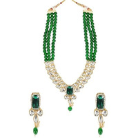 I Jewels 18K Gold Plated Traditional White Kundan Studded Multi Layered Pearl Necklace Jewellery Set with Dangle Earrings for Women And Girls (IJ354G)