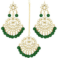 I Jewels Green Gold Plated Pearl and Kundan Traditional Maang Tikka with Earrings Set for Women