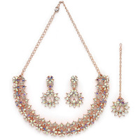 Sukkhi Innovative Rose Gold Plated Rainbow Stone Collar Bone Necklace Set With Earring And Maangtika | Jewellery Set For Women (NS105638)