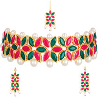 ZENEME Flower Shaped Choker Wedding Necklace Earrings Maang Tikka Jewellery For Women (Red Green)