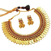 YouBella Red Traditional Temple coin Necklace Set/Jewellery Set with Earrings for Women (Style 1)