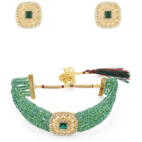 ZAVERI PEARLS Green Multistrand Crystal Beads Choker Necklace & Earring Set For Women-ZPFK10240