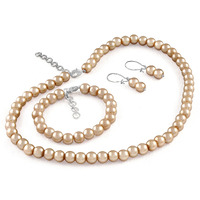 JFL - Jewellery for Less Combo Imitation 8mm Light Gold Round Pearl Necklace Set Moti Mala Pearl Set With Earrings,Bracelet Handcrafted (Light Gold),Valentine