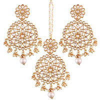 Peora Gold Plated Traditional Kundan & Pearl Earring with Maang Tikka Set for Women Girls