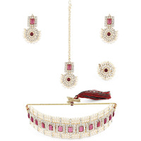 ZAVERI PEARLS Purple Stones Dazzling Austrian Diamonds Pearls Choker Necklace Earring Maangtikka & Ring Set For Women-ZPFK16132