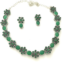 Sasitrends German Silver Oval and Flower Pattern Stone Studded Oxidized Jewellery Set for Women & Girls