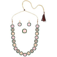 ZAVERI PEARLS MultiColor Artificial Stones Long Necklace Earring & Ring Set For Women-ZPFK16495
