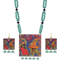 I Jewels Stylish Portrait Handpainted Wooden Pearl Necklace Jewellery With Earrings Set For Women & Girls (ML283)