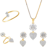 ZENEME Jewellery Set Gold Plated Heart Shaped American Diamond Pendant With Earrings Bracelet Ring Jewellery For Women and Girl