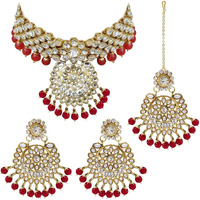 Peora Indian Traditional 18K Gold Plated Kundan Bead Choker Necklace with Earring Mangtikka Jewellery Set for Women Girls