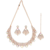 Sukkhi Spunky Rose Gold Plated Rainbow Stones Collar Bone Necklace Set With Earring And Maangtika | Jewellery Set For Women (NS104994)