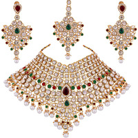 Lucky Jewellery Maroon Green Semi Bridal Dulhan Dulhan Wedding & Engagement Necklace Set with Mang Tikka (1815-L1SS-KD124-MG)
