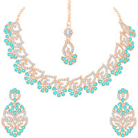 Atasi International Womens Mint Blue Gold Plated Diamond Necklace with Earrings and Maang Tikka for Women - Jewellery Set for Party, Wedding, Engagement (MB5746)