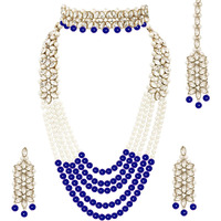 Peora Indian Traditional Gold Plated Kundan Blue Faux Pearl Wedding Bridal Necklace Jewellery Set with Earring Maang Tikka for Women Girls