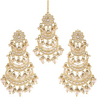 Peora Gold Plated Kundan Pearl Long Dangle Chandbali Earring Maang Tikka Jewellery Set for Women Girls