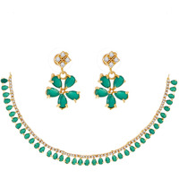 ZENEME Gold Plated American Diamond Necklace with Earrings Jewellery for Women & Girls (Green)
