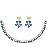 ZENEME Jewellery Set American Diamond Gold Plated Necklace with Earrings Jewellery for Women & Girls (Blue)