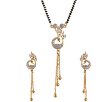 ZENEME Mangalsutra Stylish Peacock Design CZ Studded Gold Plated Tanmaniya Nallapusalu with Long Earrings for Women