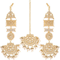 I Jewels Gold Plated with Stunning Matte Finish Long Traditional Kundan & Faux Pearl Chandbali Earrings with Maang Tikka Set for Women/Girls (TE2861W)