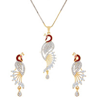 ZENEME Pendant Gold Plated American Diamond Multi Colour Peacock Design Pendant Set With Earring Jewellery For Girls & Women (Design 3)