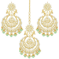 Peora Traditional Jewellery 18K Gold Plated Kundan & Pearl Maang Tikka Earring Set for Women Girls (Mint)