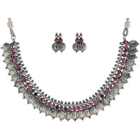 I Jewels 18K Silver Oxidised Traditional Style Coin Necklace With Earrings For Women & Girls (MC063ZQ)