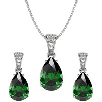 Clara 925 Sterling Silver Dark Green Tear Drop Pendant Earring Chain Jewellery Set | Rhodium Plated, Swiss Zirconia | Gift for Women & Girls