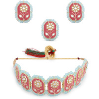 ZAVERI PEARLS Pink Meenakari Kundan Flowers Turquoise Beaded Choker Necklace Earring & Ring Set For Women-ZPFK13973